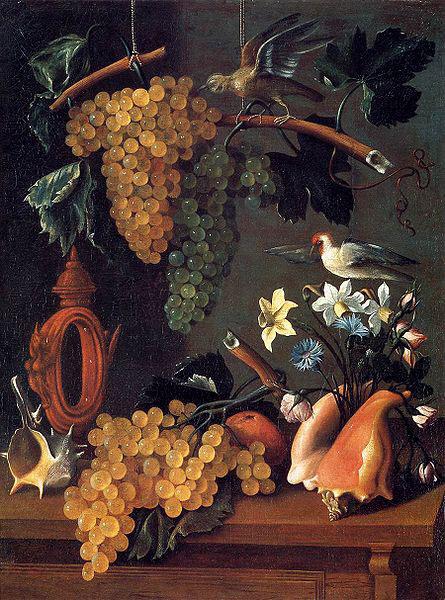 Juan de Espinosa Still-Life with Grapes, Flowers and Shells oil painting image